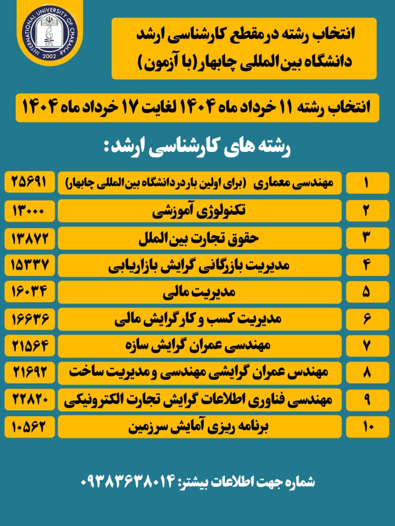 🔊 انتخاب رشته کارشناسی ارشد دانشگاه بین المللی چابهار شروع شد 🔊 انتخاب رشته کارشناسی ارشد دانشگاه بین المللی چابهار شروع شد