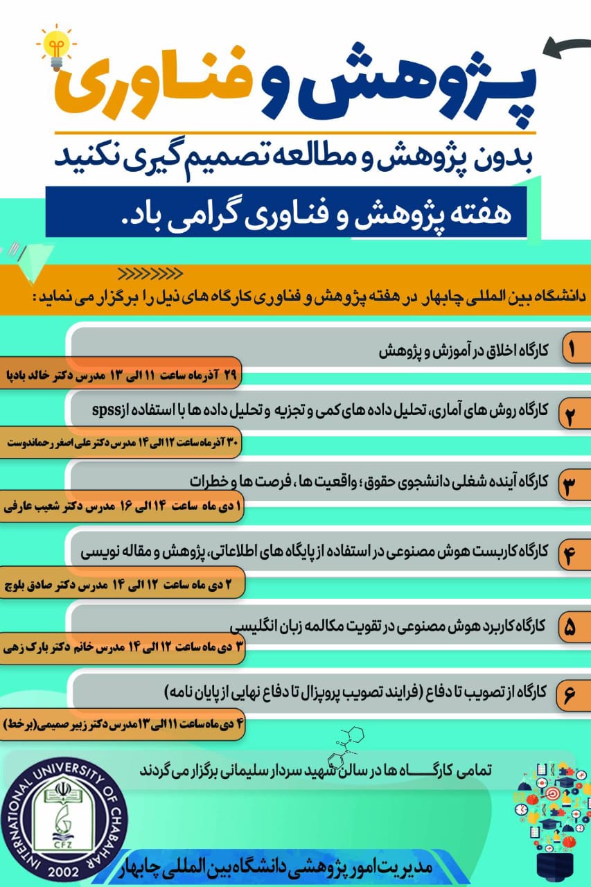 🔸دانشگاه بین المللی چابهار در هفته پژوهش و فناوری برگزار می‌نماید.